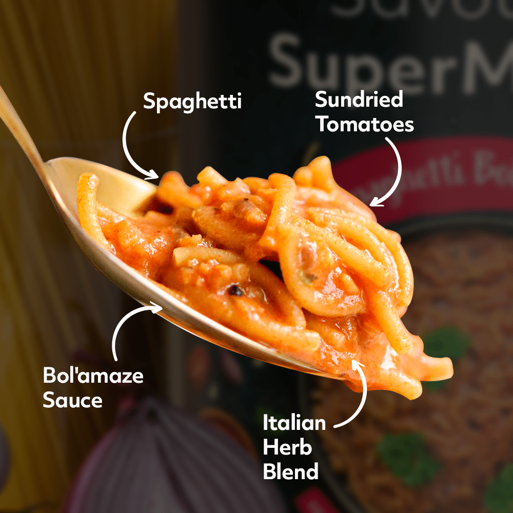 Spaghetti Boloamaze Ingredient Call Out with Recipe on Spoon