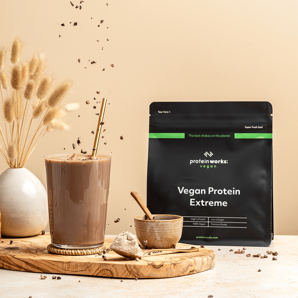 Vegan Protein pouch and shake on table