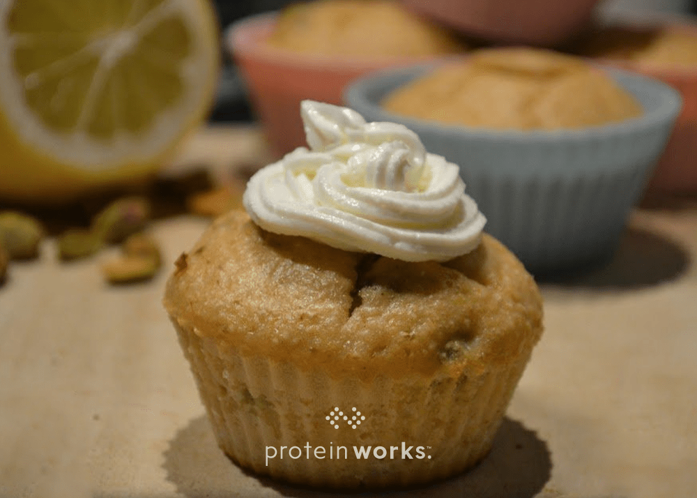 Lemon Pistachio Protein Cupcakes with Lemon Yoghurt Frosting
