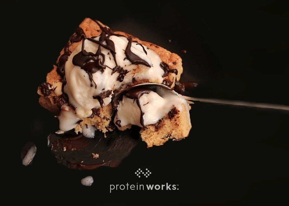 White and Dark Chocolate Protein Blondie with Vanilla Protein Ice Cream