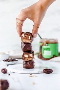 Vegan Snickers Bars loaded with Caramel Biscuits Peanut Butter