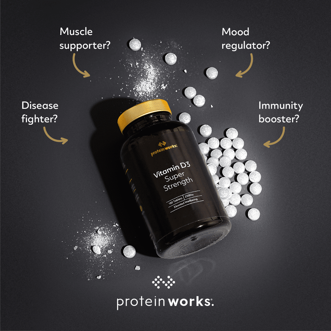 Black tub of Vitamin D tablets
